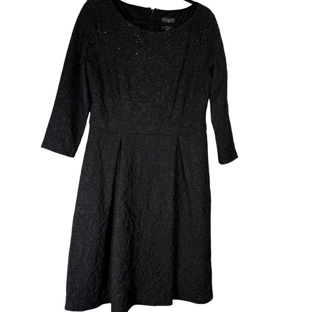 Adrianna Papell Black Metallic Jacquard Beaded Fit Flare Cocktail Dress Size 12